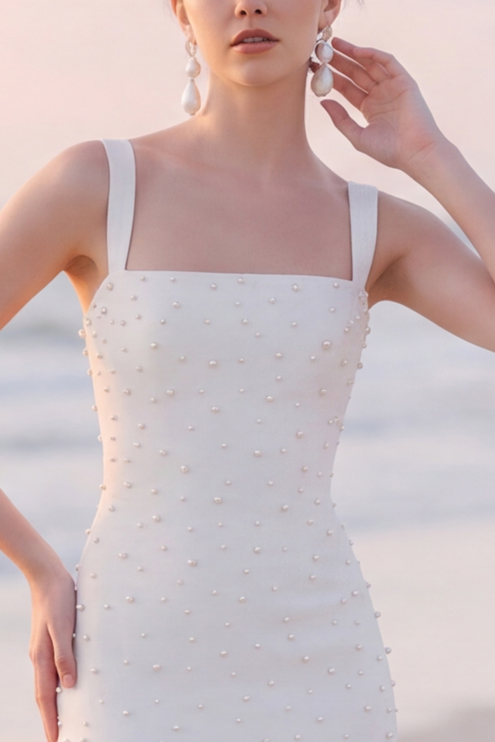 White Sheath Square Neck Midi Engagement Dress with Pearls