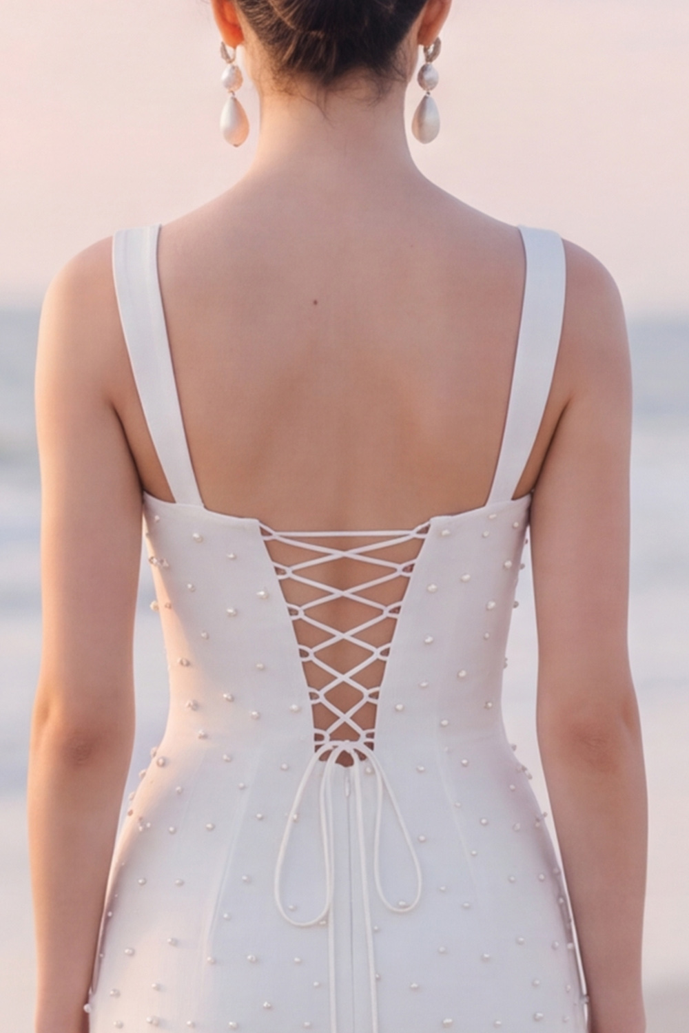 White Sheath Square Neck Midi Engagement Dress with Pearls