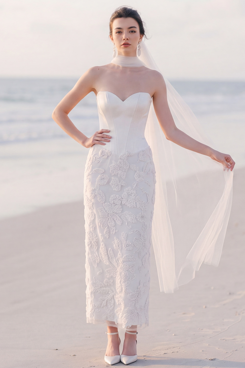 White Corset Sheath Strapless Appliqued Maxi Engagement Dress