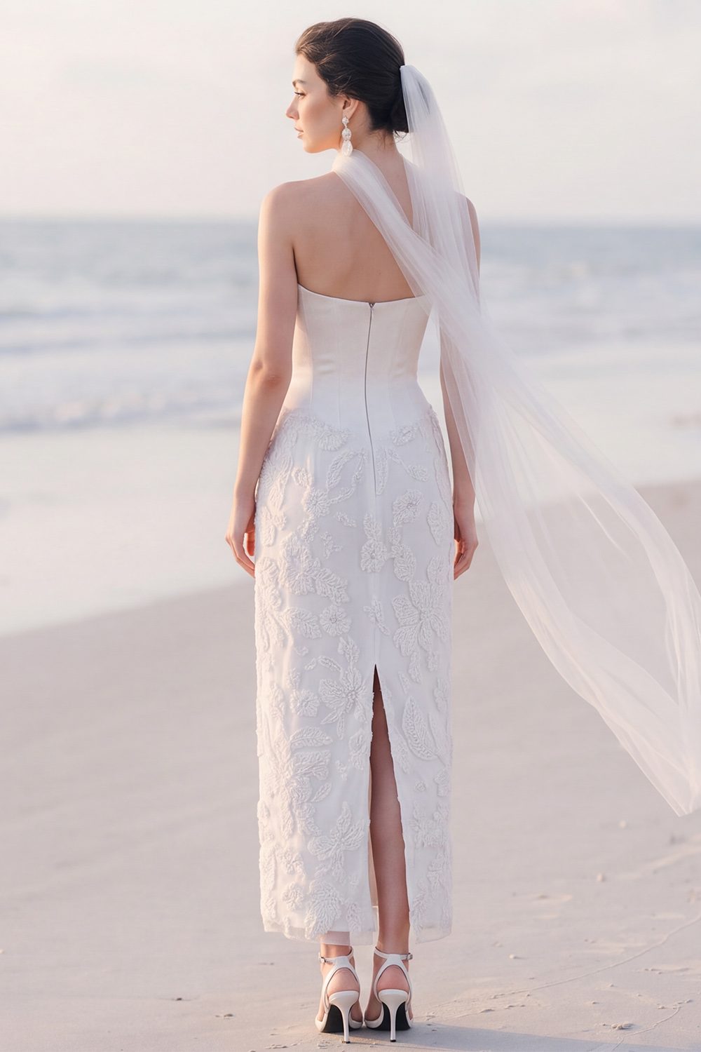 White Corset Sheath Strapless Appliqued Maxi Engagement Dress