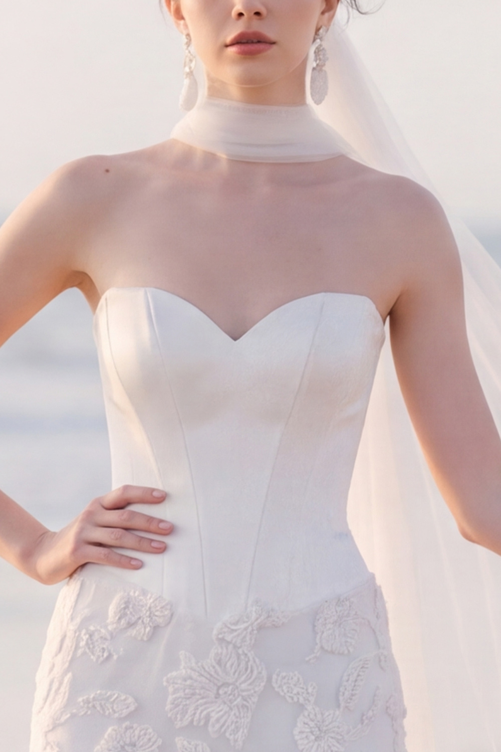 White Corset Sheath Strapless Appliqued Maxi Engagement Dress