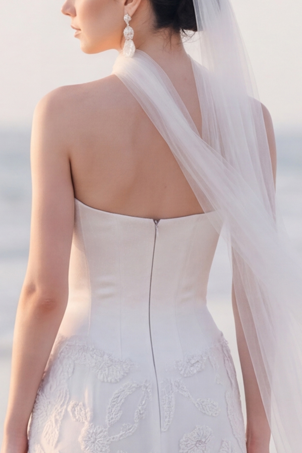 White Corset Sheath Strapless Appliqued Maxi Engagement Dress