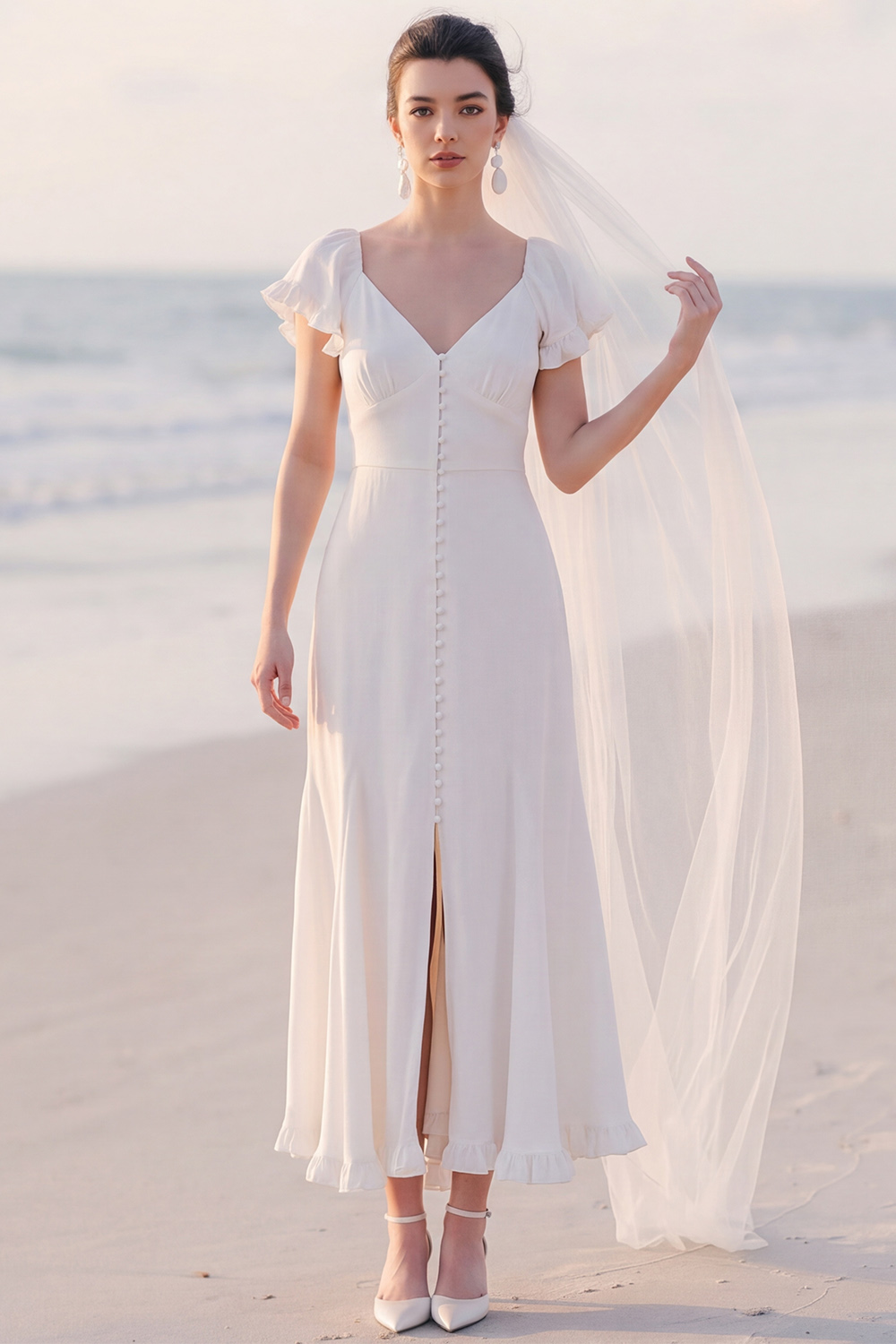 White Sheath V-Neck Flutter Sleeves Maxi Engagement Dress