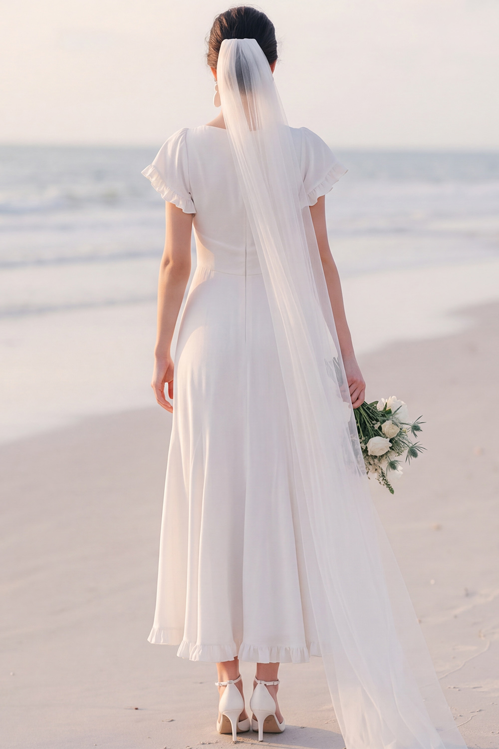 White Sheath V-Neck Flutter Sleeves Maxi Engagement Dress