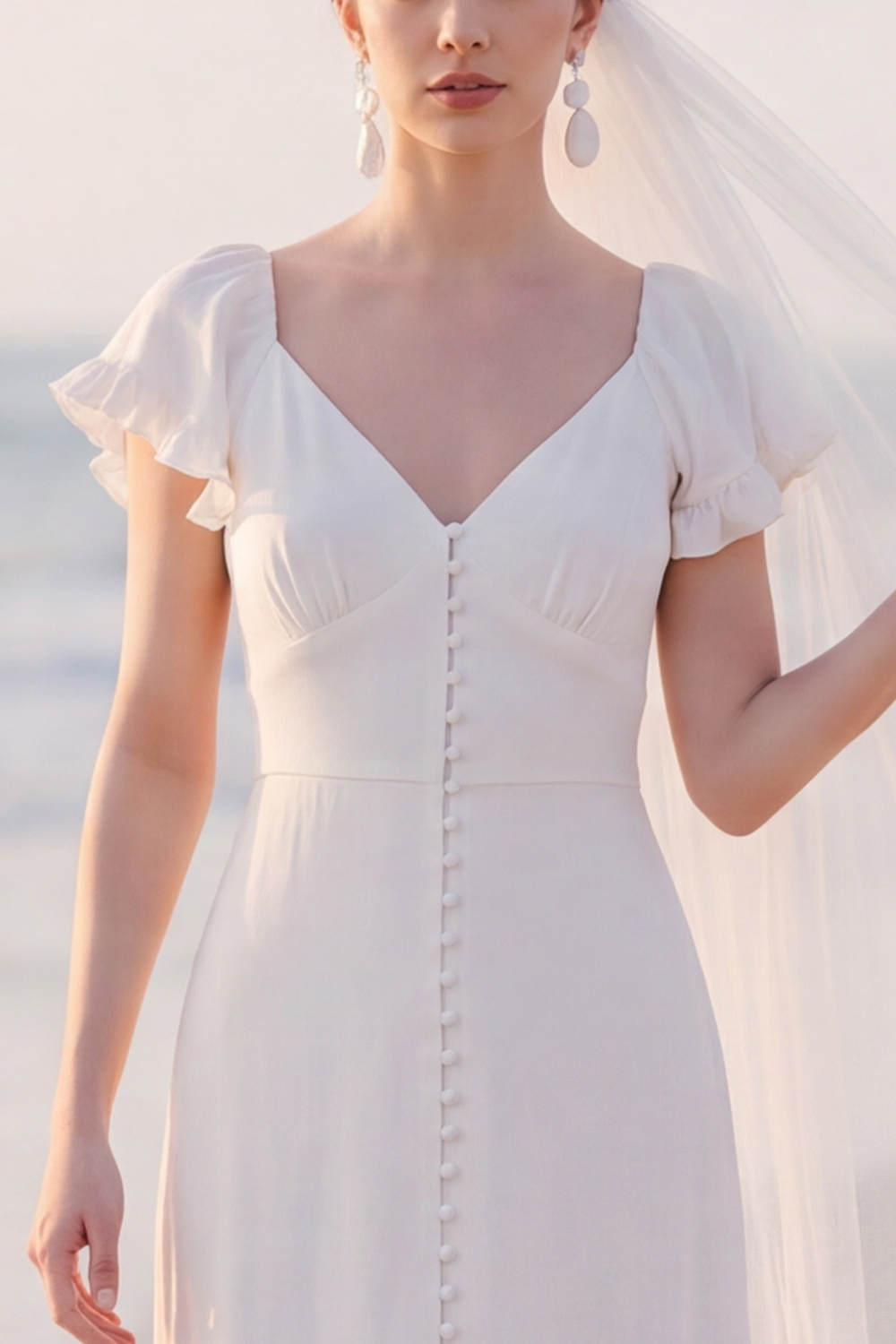 White Sheath V-Neck Flutter Sleeves Maxi Engagement Dress