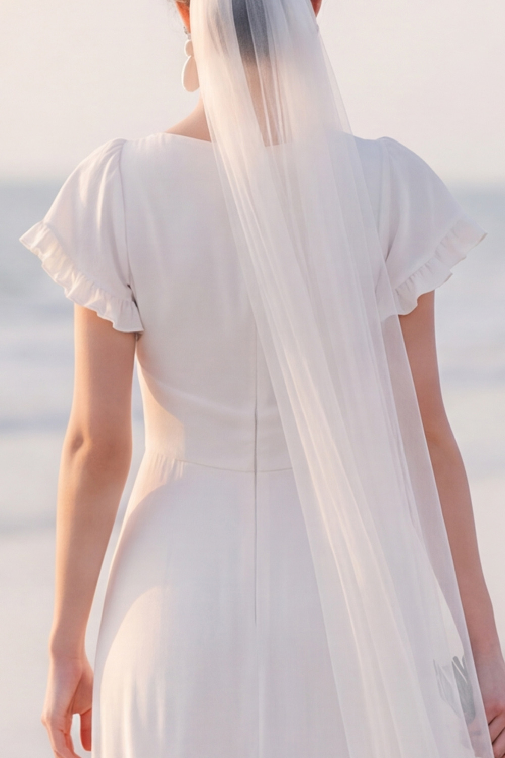 White Sheath V-Neck Flutter Sleeves Maxi Engagement Dress
