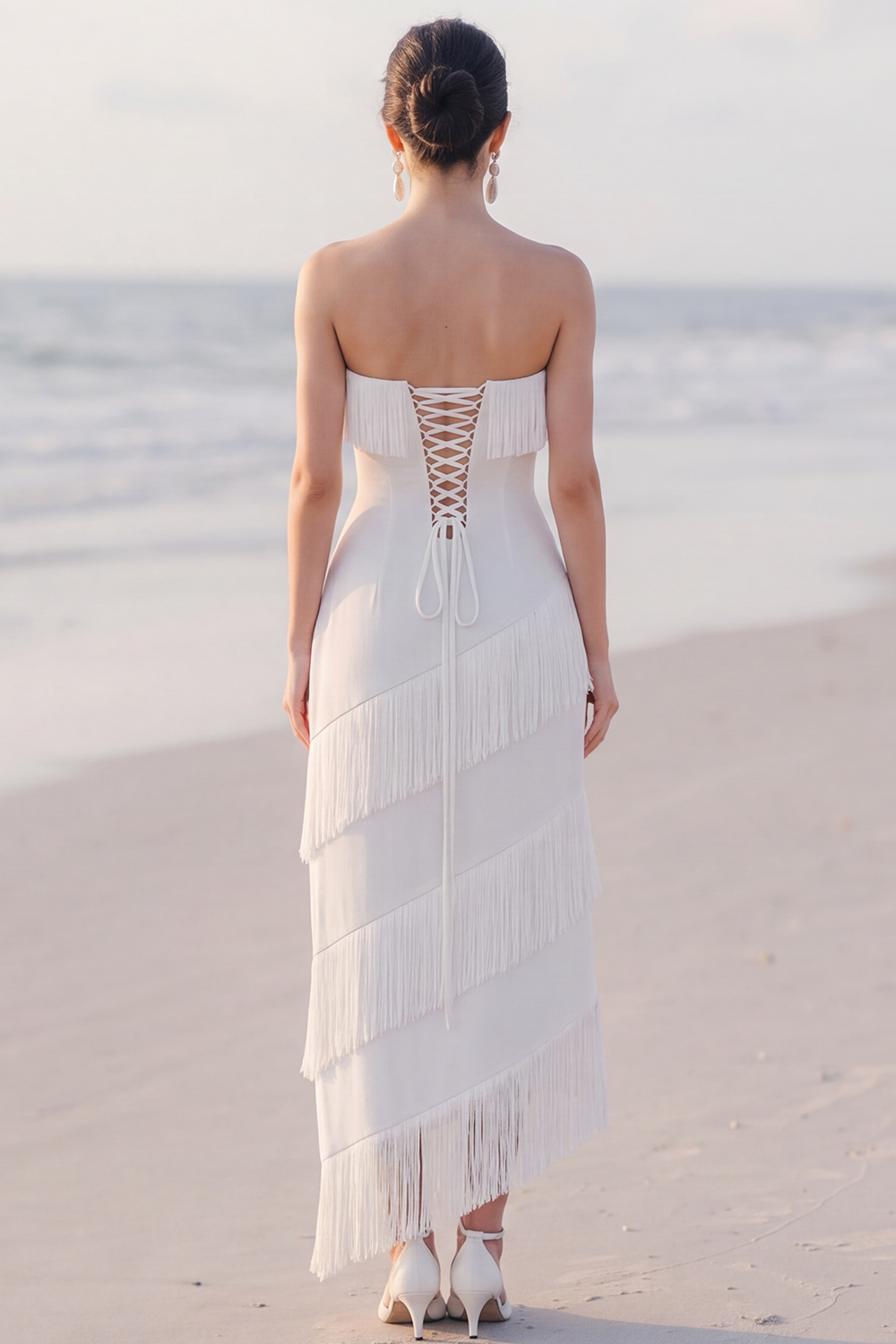White Sheath Strapless Fringed Maxi Engagement Dress