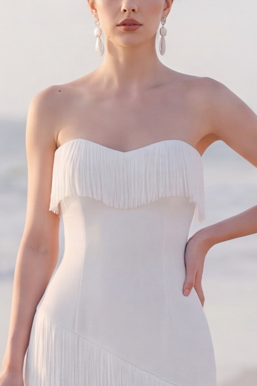 White Sheath Strapless Fringed Maxi Engagement Dress