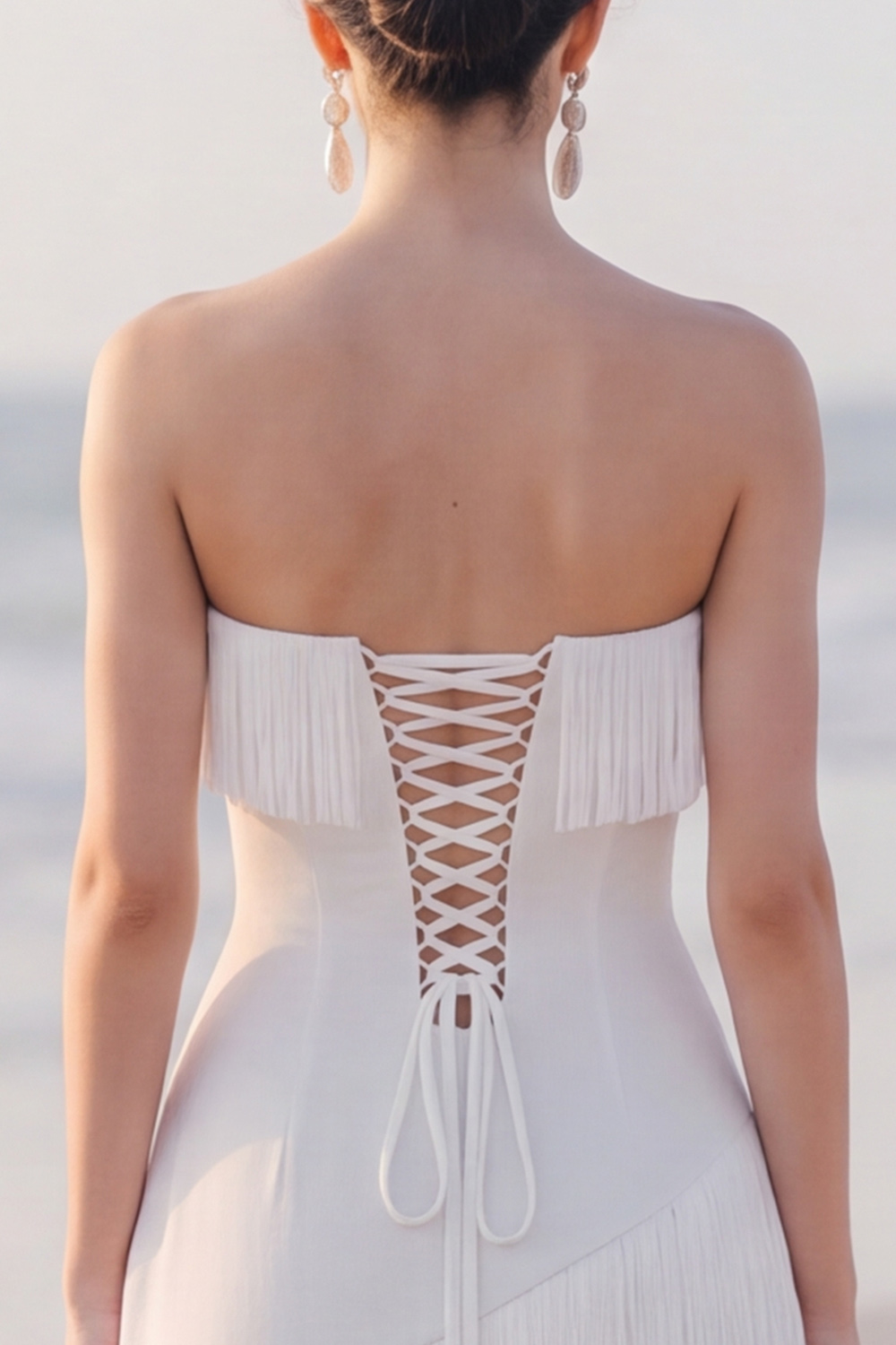 White Sheath Strapless Fringed Maxi Engagement Dress