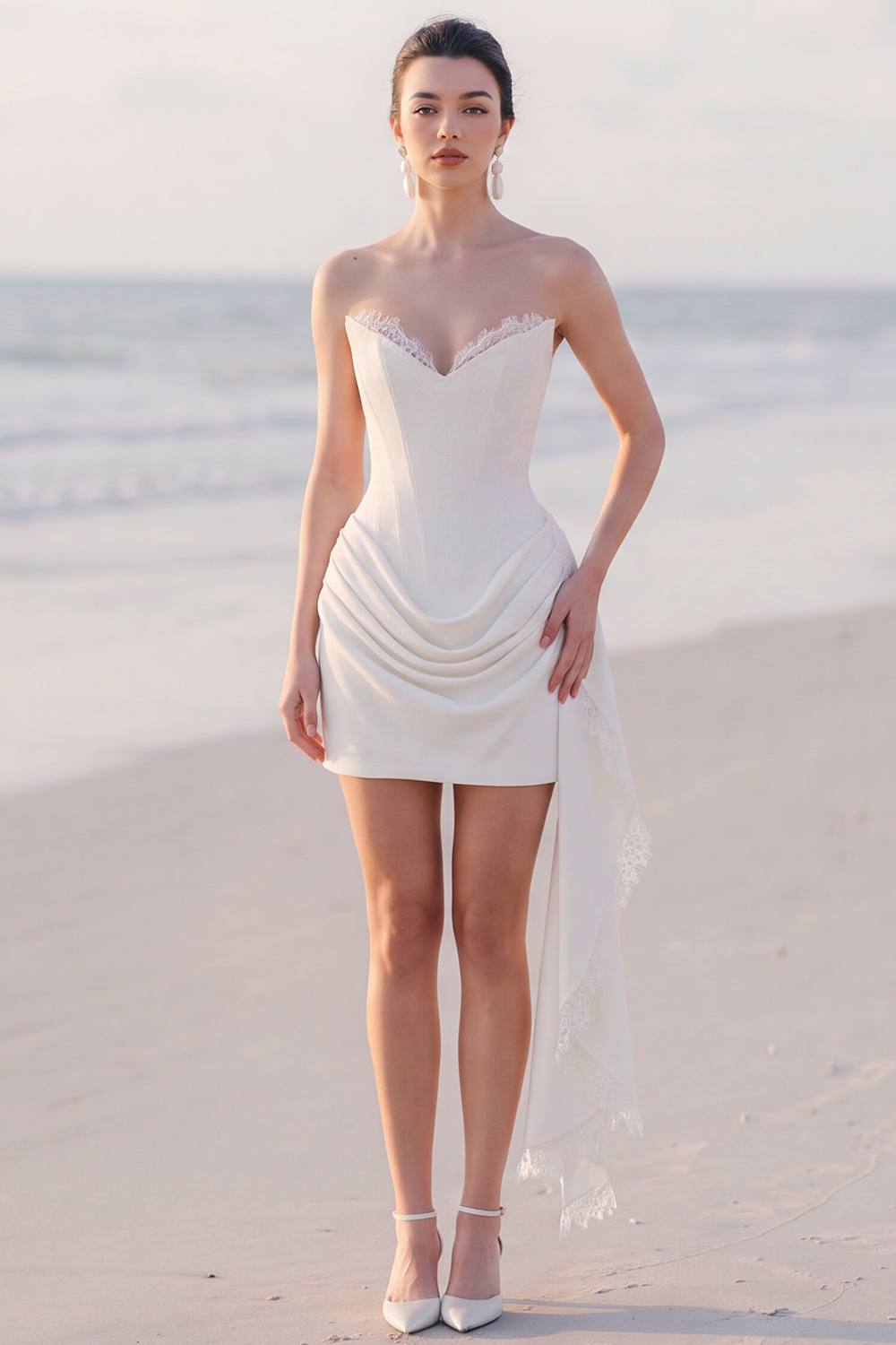 White Corset Strapless Draped Short Bridal Shower Dress with Lace