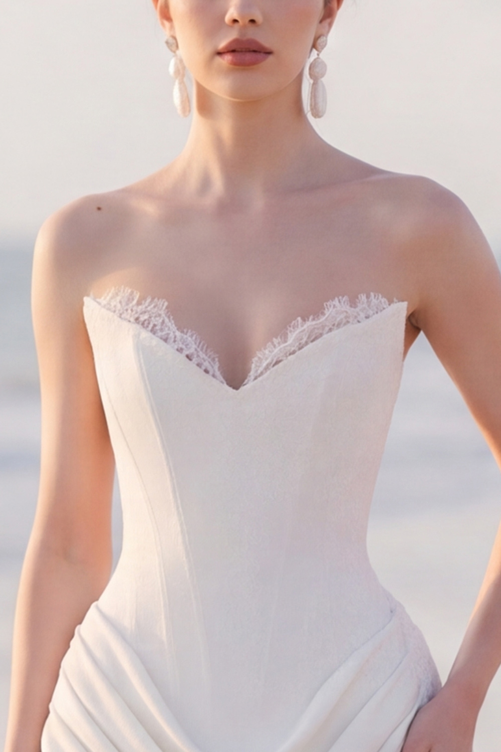 White Corset Strapless Draped Short Bridal Shower Dress with Lace