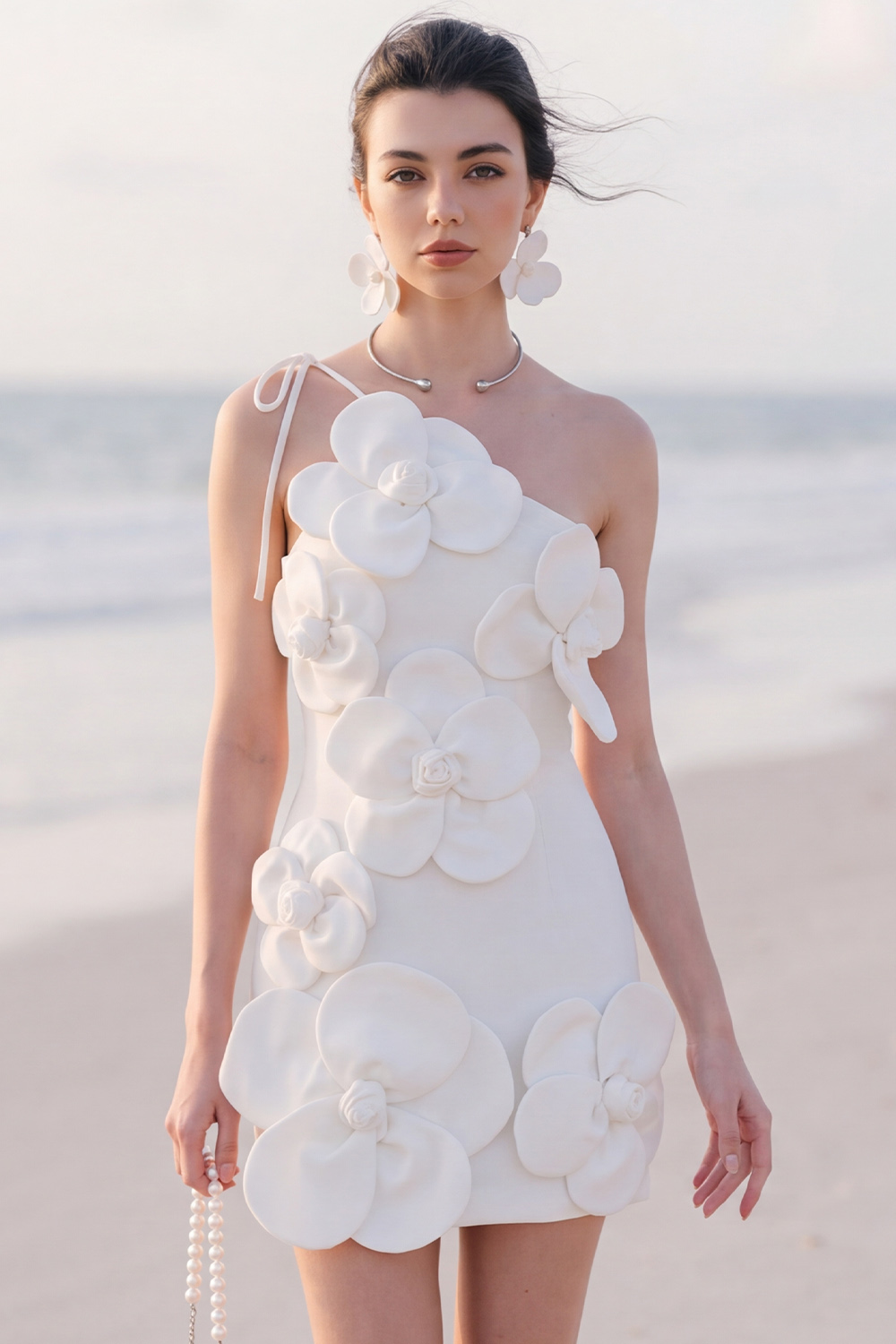 White One Shoulder 3D Flower Short Tight Bridal Shower Dress