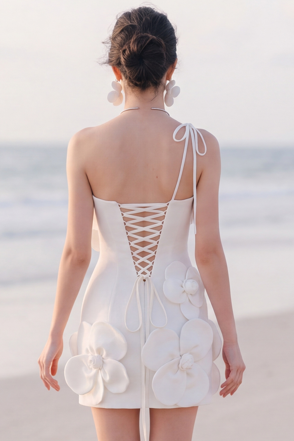 White One Shoulder 3D Flower Short Tight Bridal Shower Dress