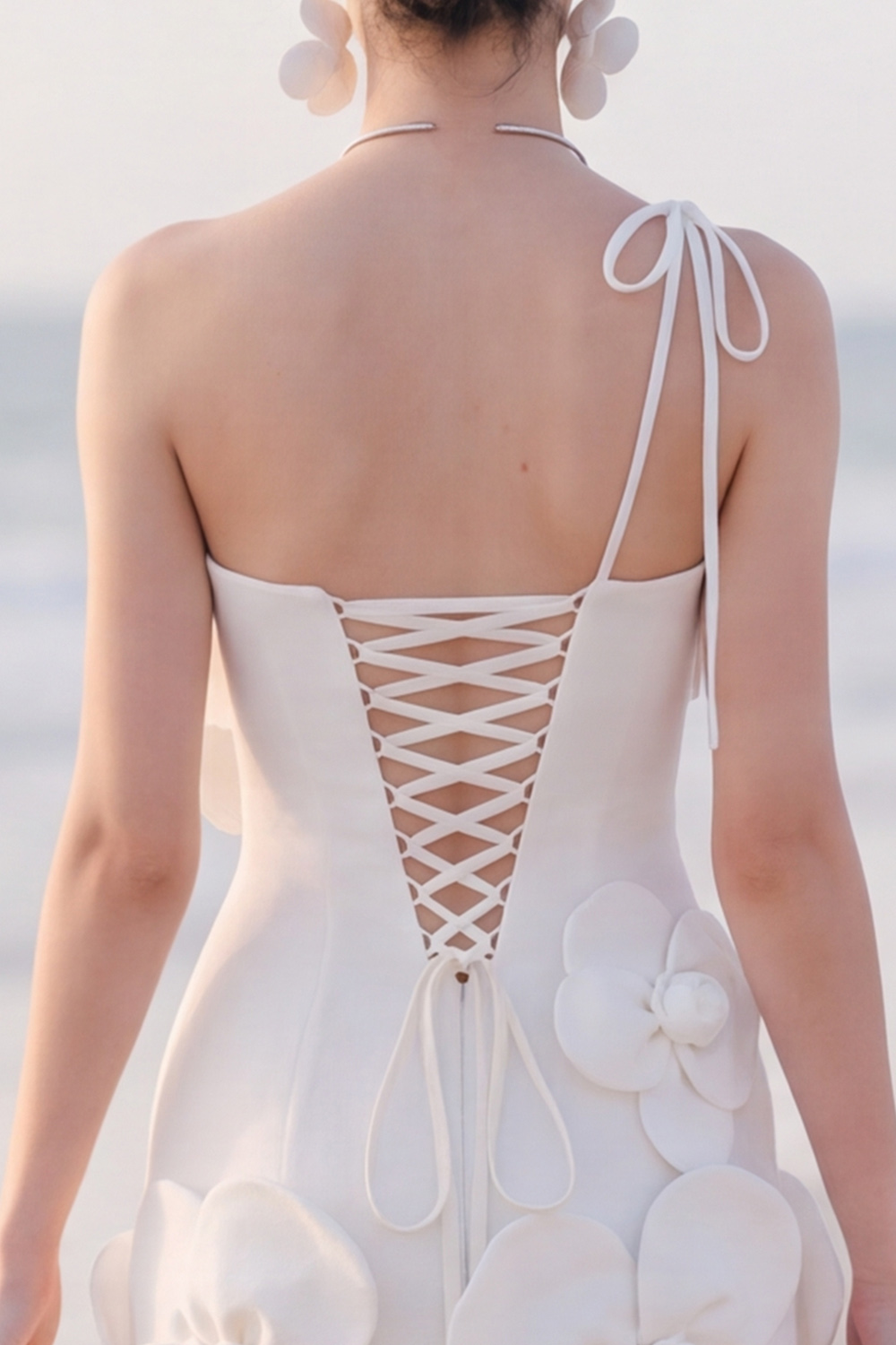 White One Shoulder 3D Flower Short Tight Bridal Shower Dress