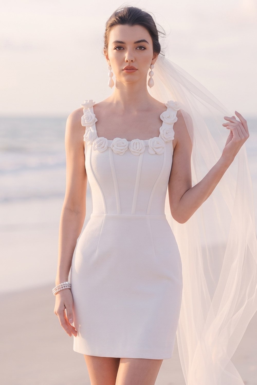 White Corset Tight Square Neck Short Bridal Shower Dress with 3D Flower