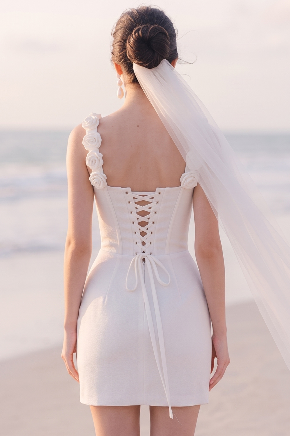 White Corset Tight Square Neck Short Bridal Shower Dress with 3D Flower