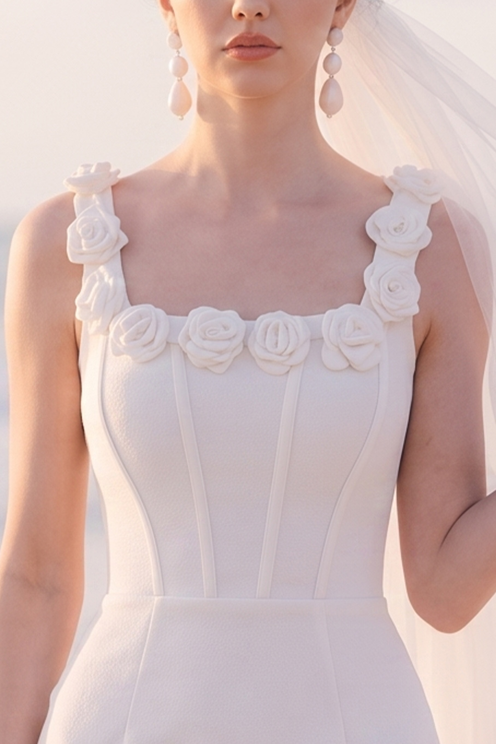 White Corset Tight Square Neck Short Bridal Shower Dress with 3D Flower
