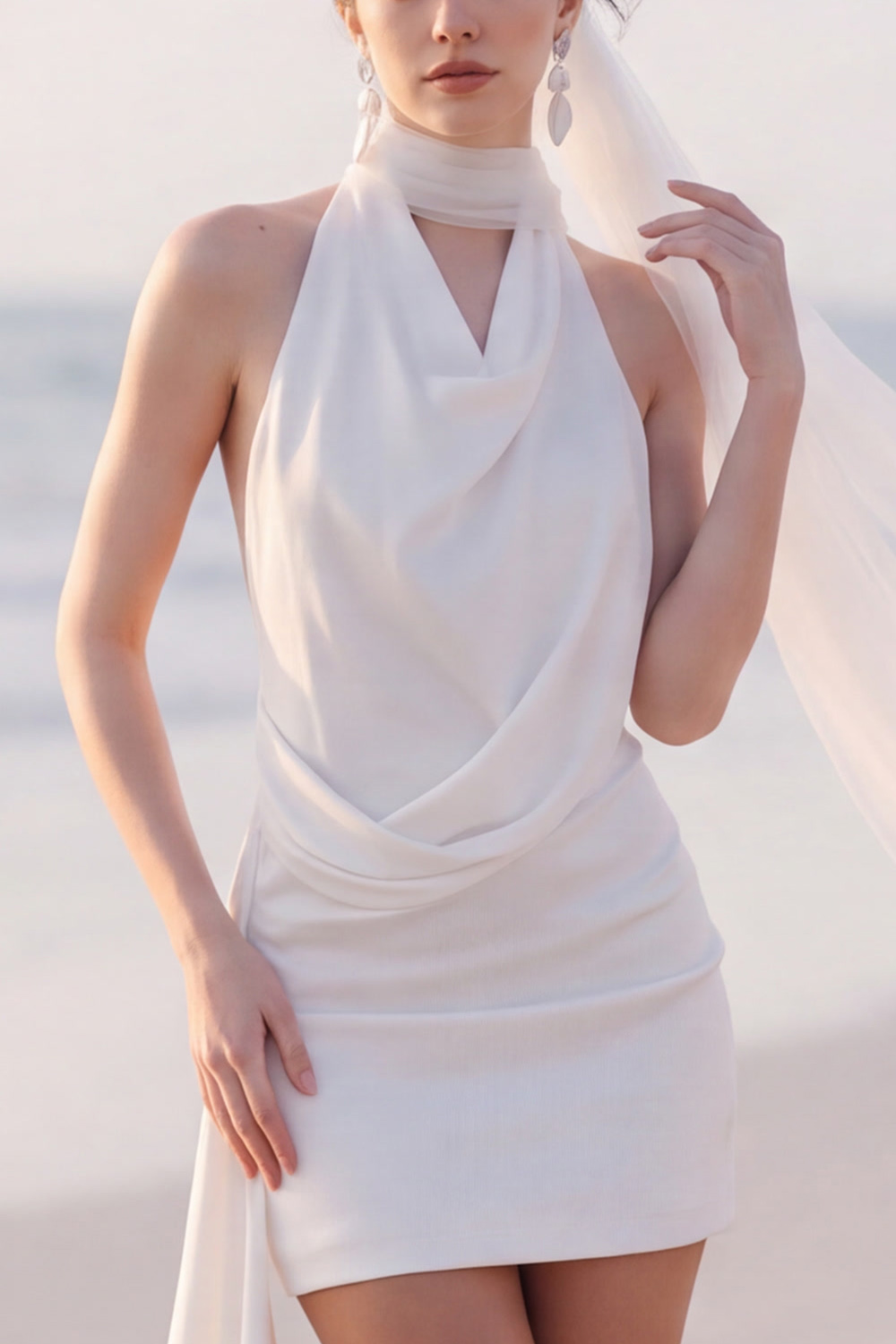 White Tight Halter Draped Short Bridal Shower Dress