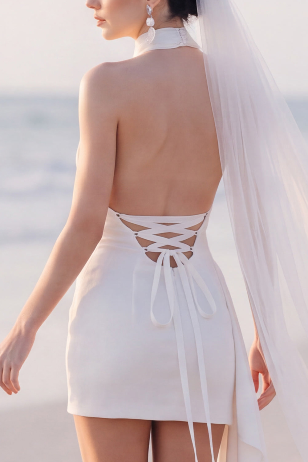 White Tight Halter Draped Short Bridal Shower Dress