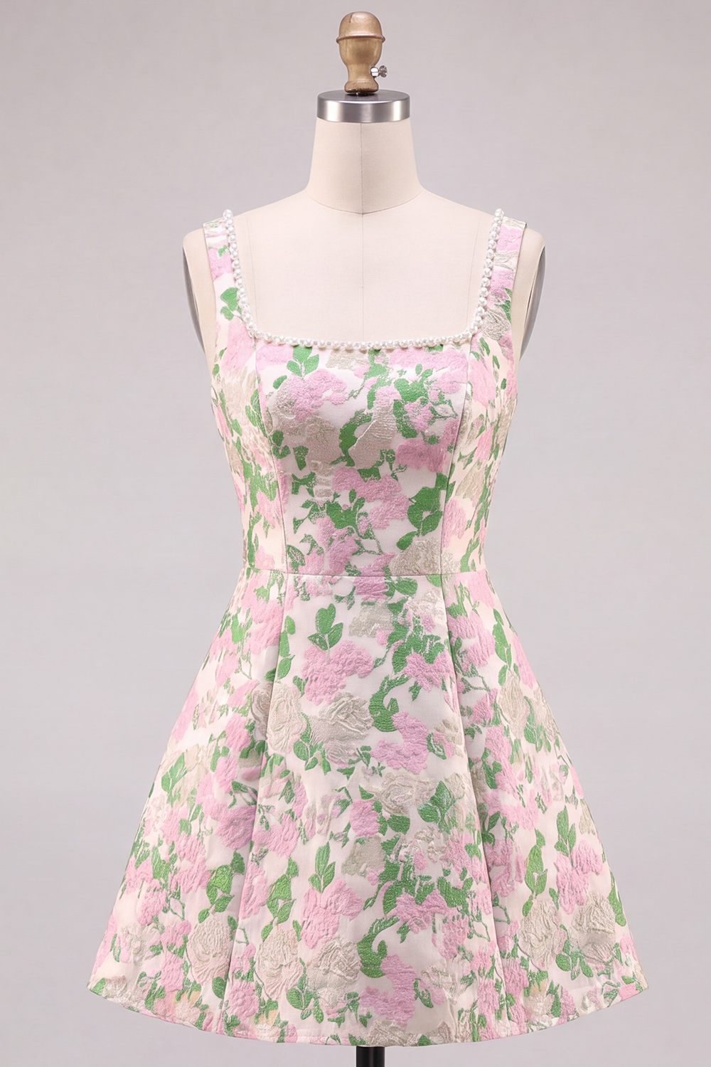 Pink A-Line Square Neck Floral Short Homecoming Dress with Pearls