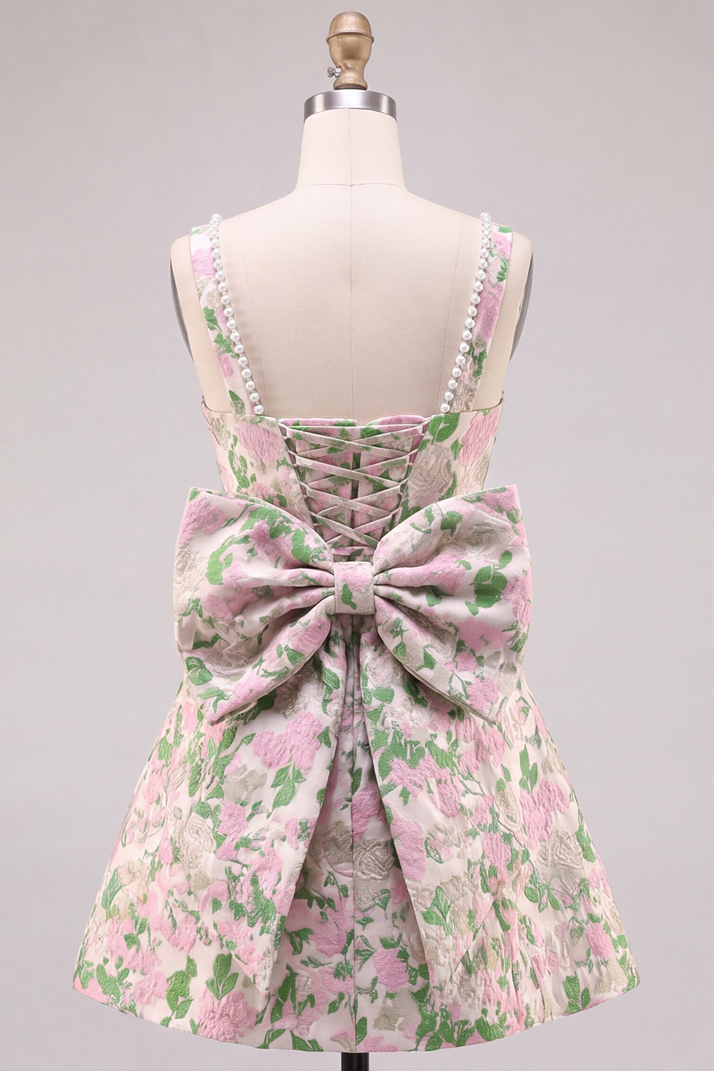 Pink A-Line Square Neck Floral Short Homecoming Dress with Pearls
