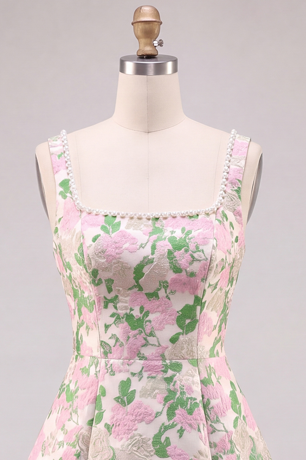 Pink A-Line Square Neck Floral Short Homecoming Dress with Pearls