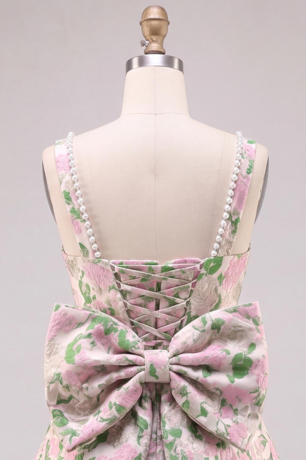 Pink A-Line Square Neck Floral Short Homecoming Dress with Pearls