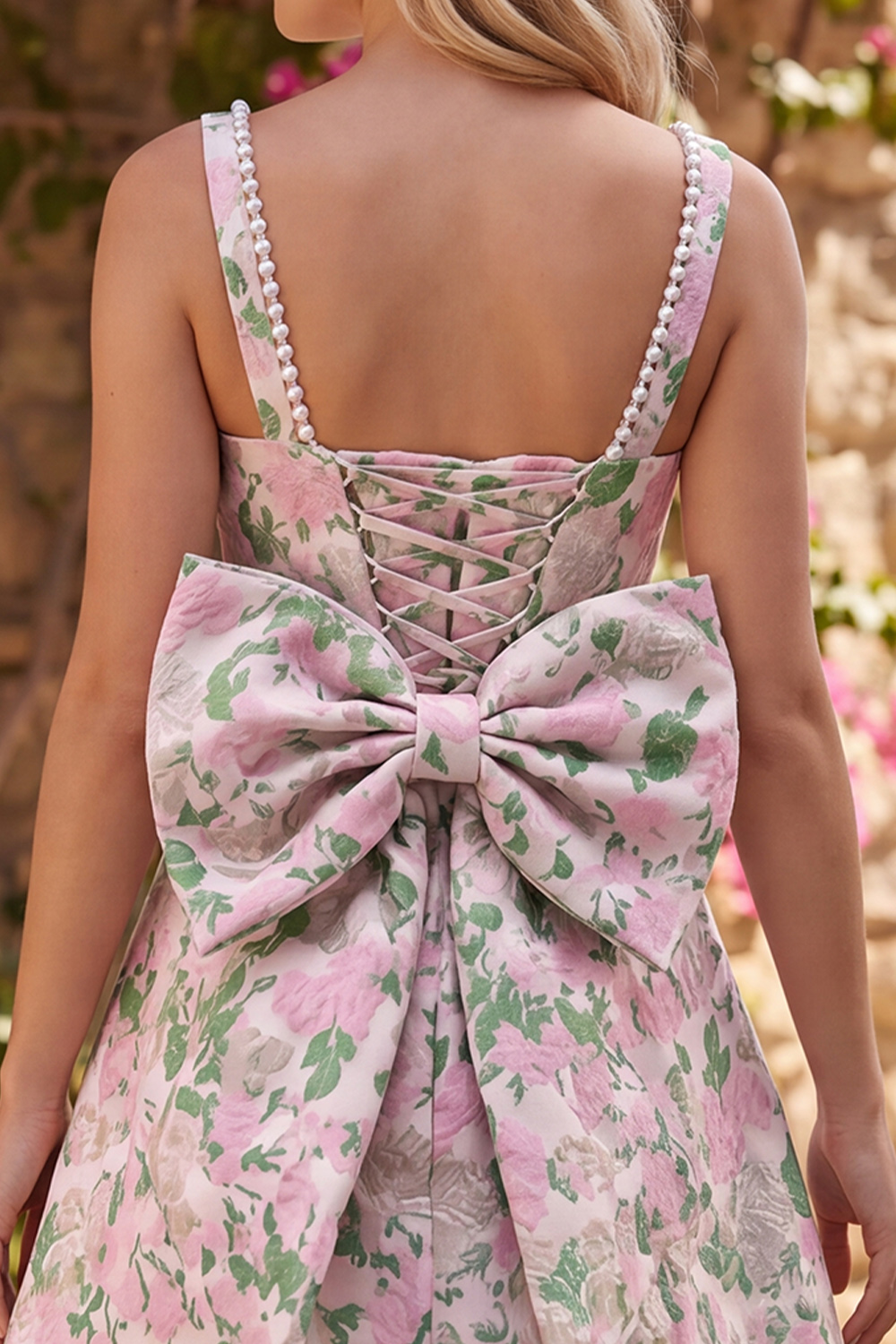 Pink A-Line Square Neck Floral Short Homecoming Dress with Pearls