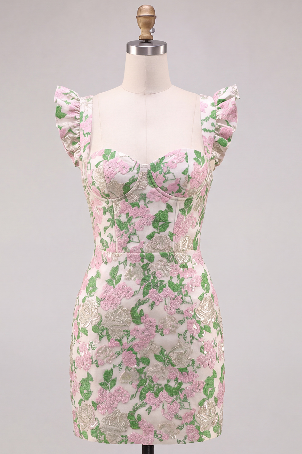 Pink Floral Flutter Sleeves Short Tight Homecoming Dress
