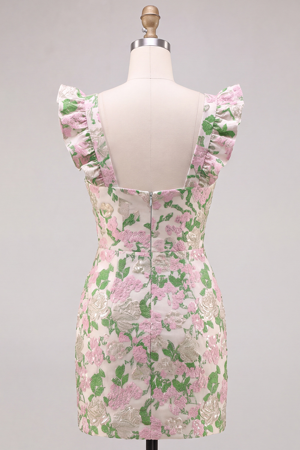Pink Floral Flutter Sleeves Short Tight Homecoming Dress