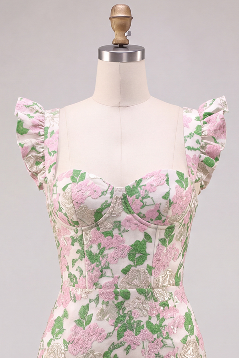 Pink Floral Flutter Sleeves Short Tight Homecoming Dress