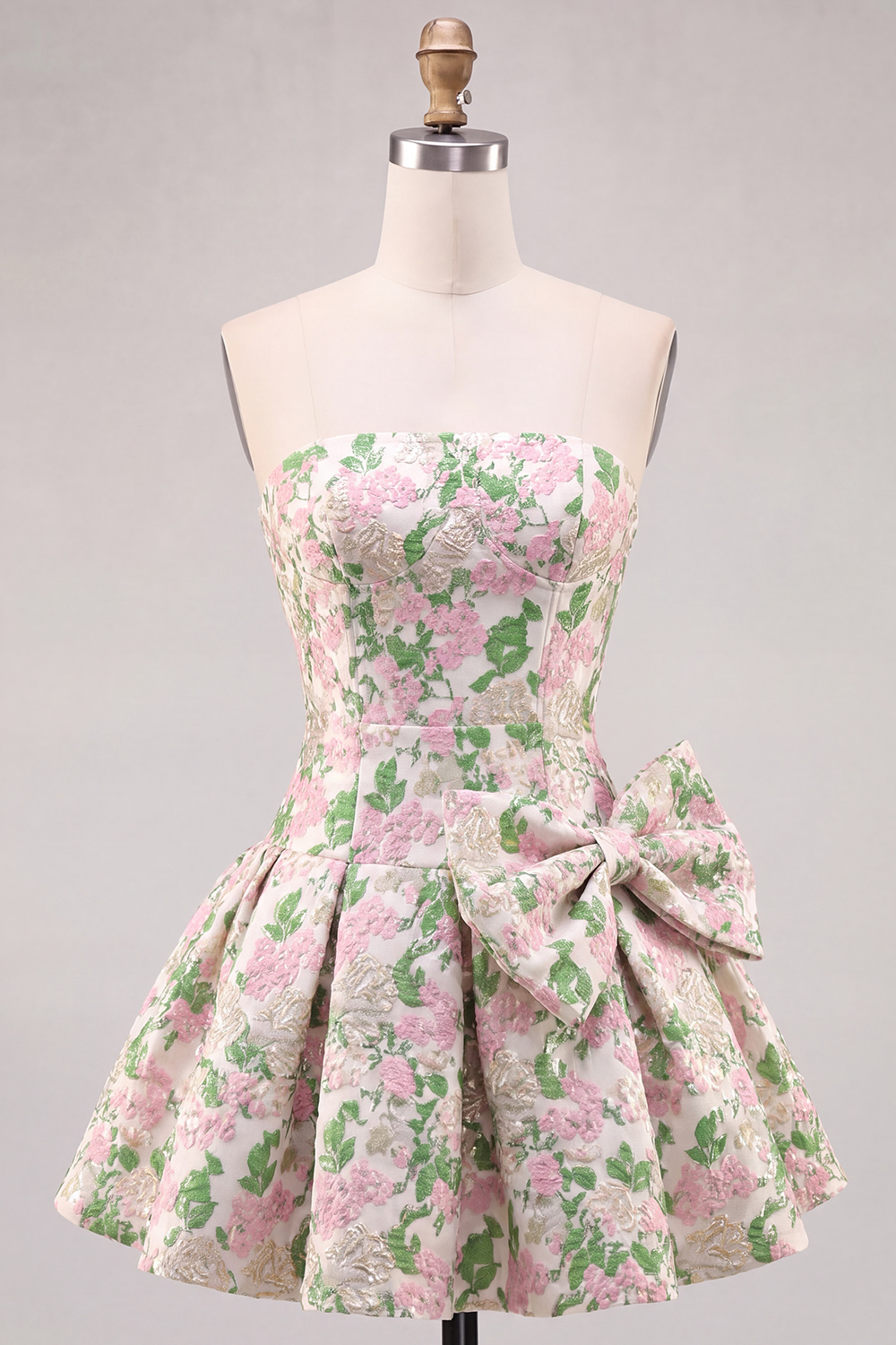 Pink A-Line Strapless Floral Short Homecoming Dress with Bow