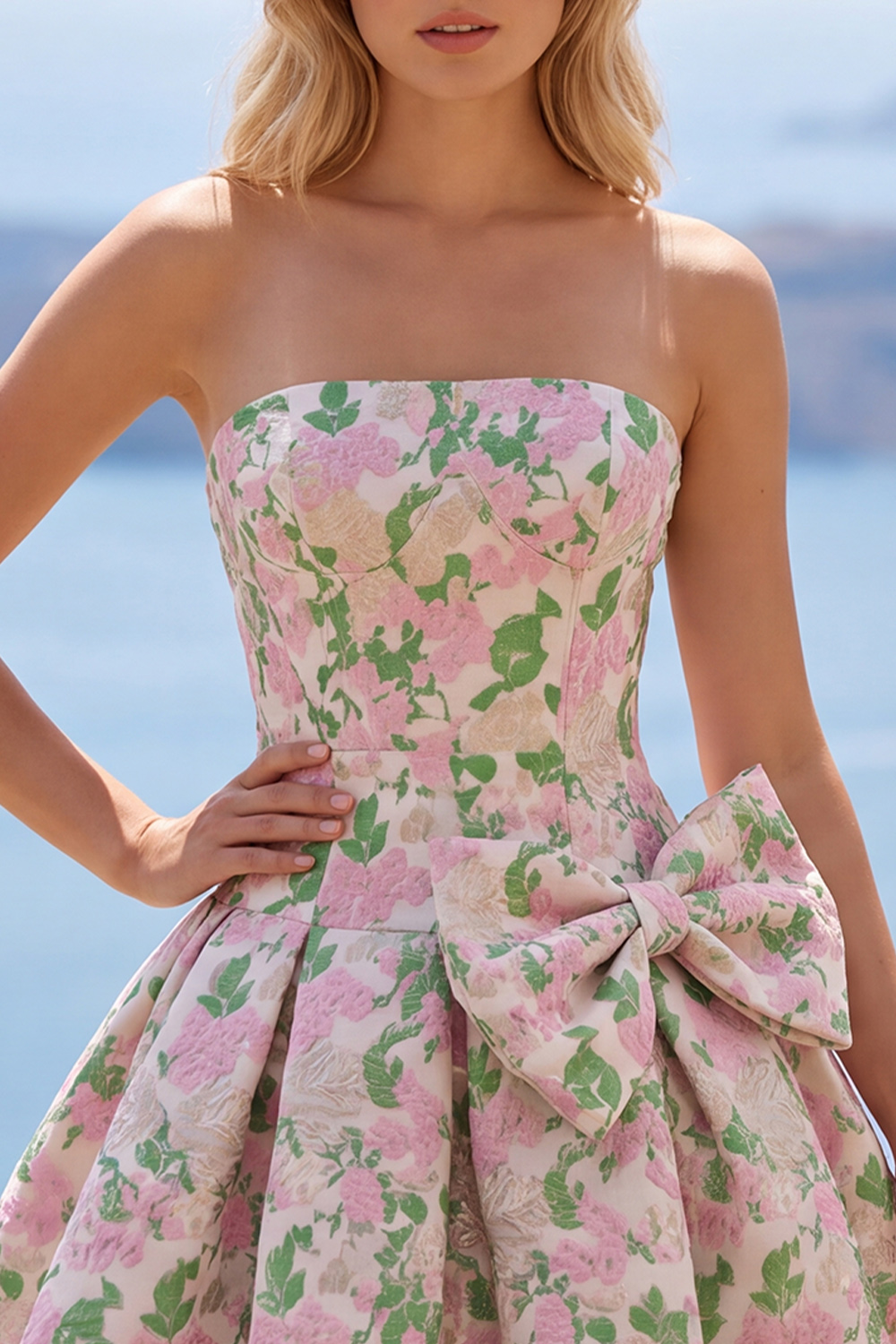 Pink A-Line Strapless Floral Short Homecoming Dress with Bow