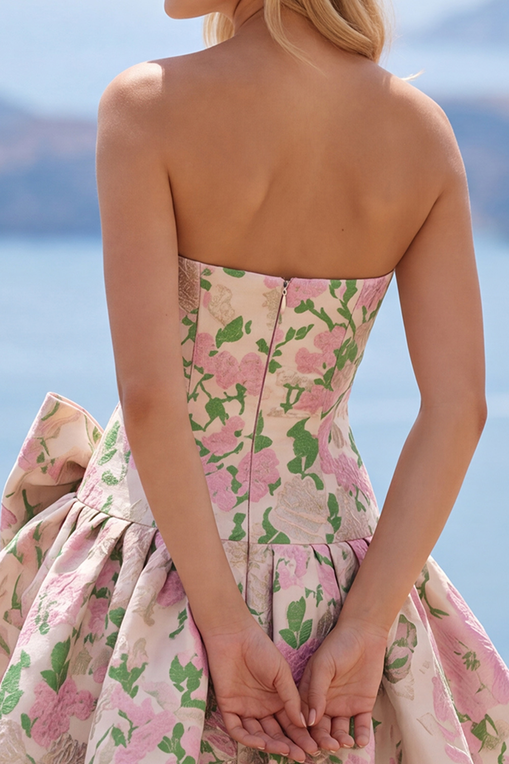 Pink A-Line Strapless Floral Short Homecoming Dress with Bow