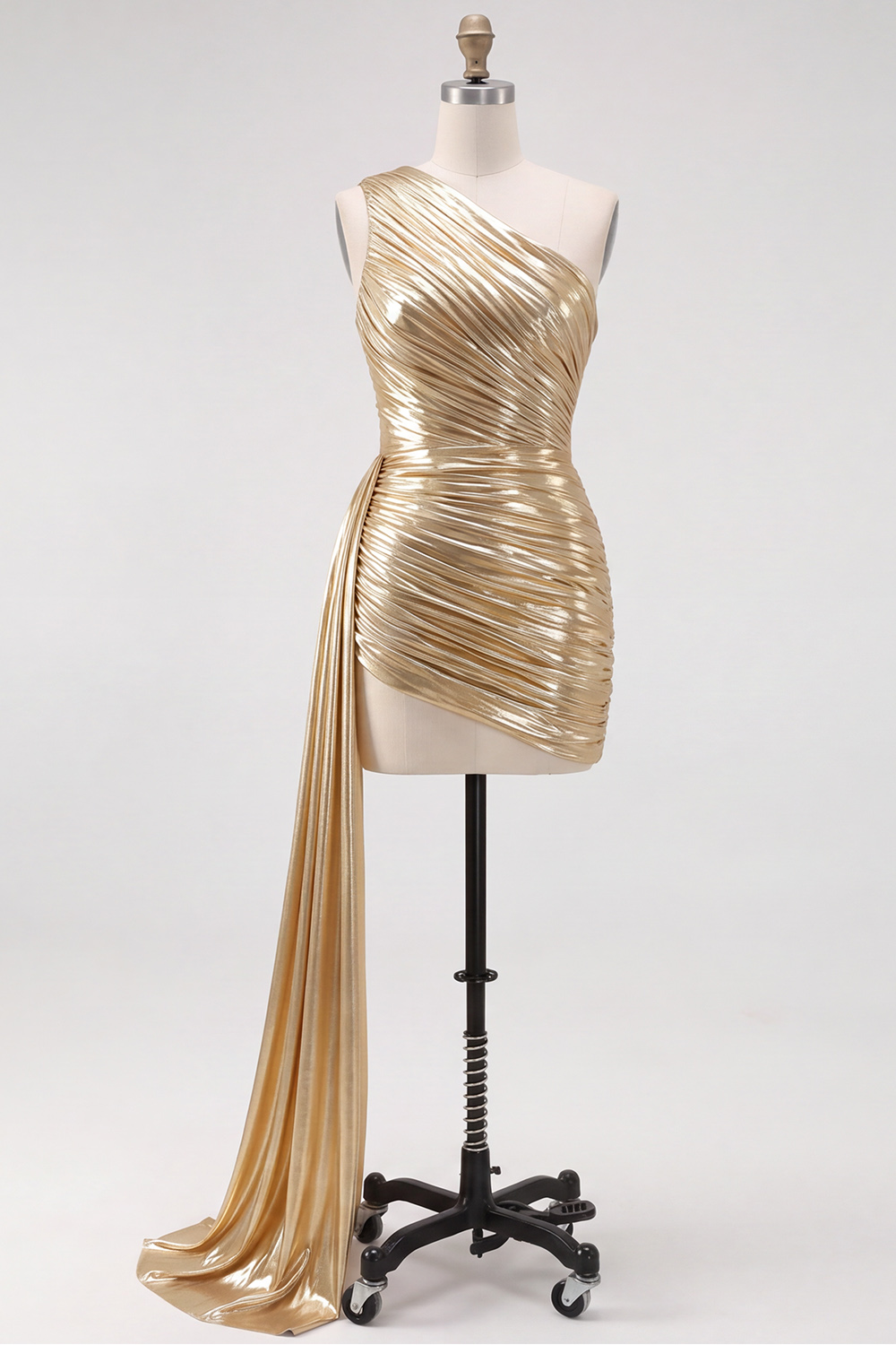 Gold Sparkly Bodycon One Shoulder Ruched Short Metallic Homecoming Dress