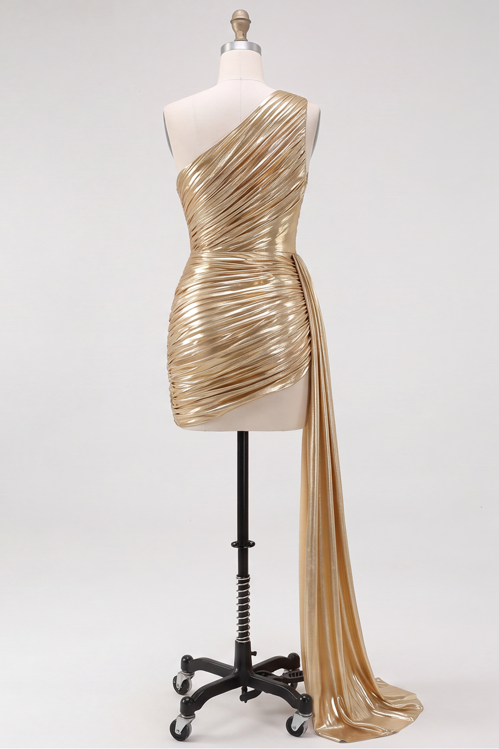 Gold Sparkly Bodycon One Shoulder Ruched Short Metallic Homecoming Dress