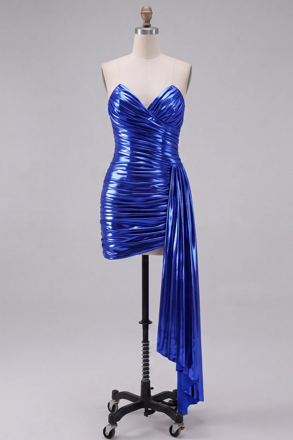 Sparkly Metallic Royal Blue Bodycon Strapless Ruched Short Homecoming Dress