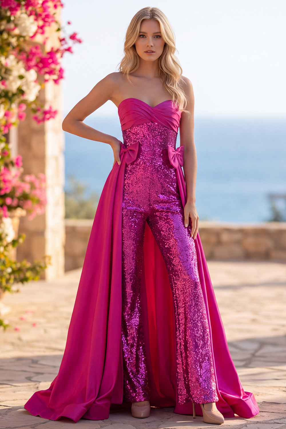 Fuchsia Sparkly Sequins Long Homecoming Jumpsuits with Cape