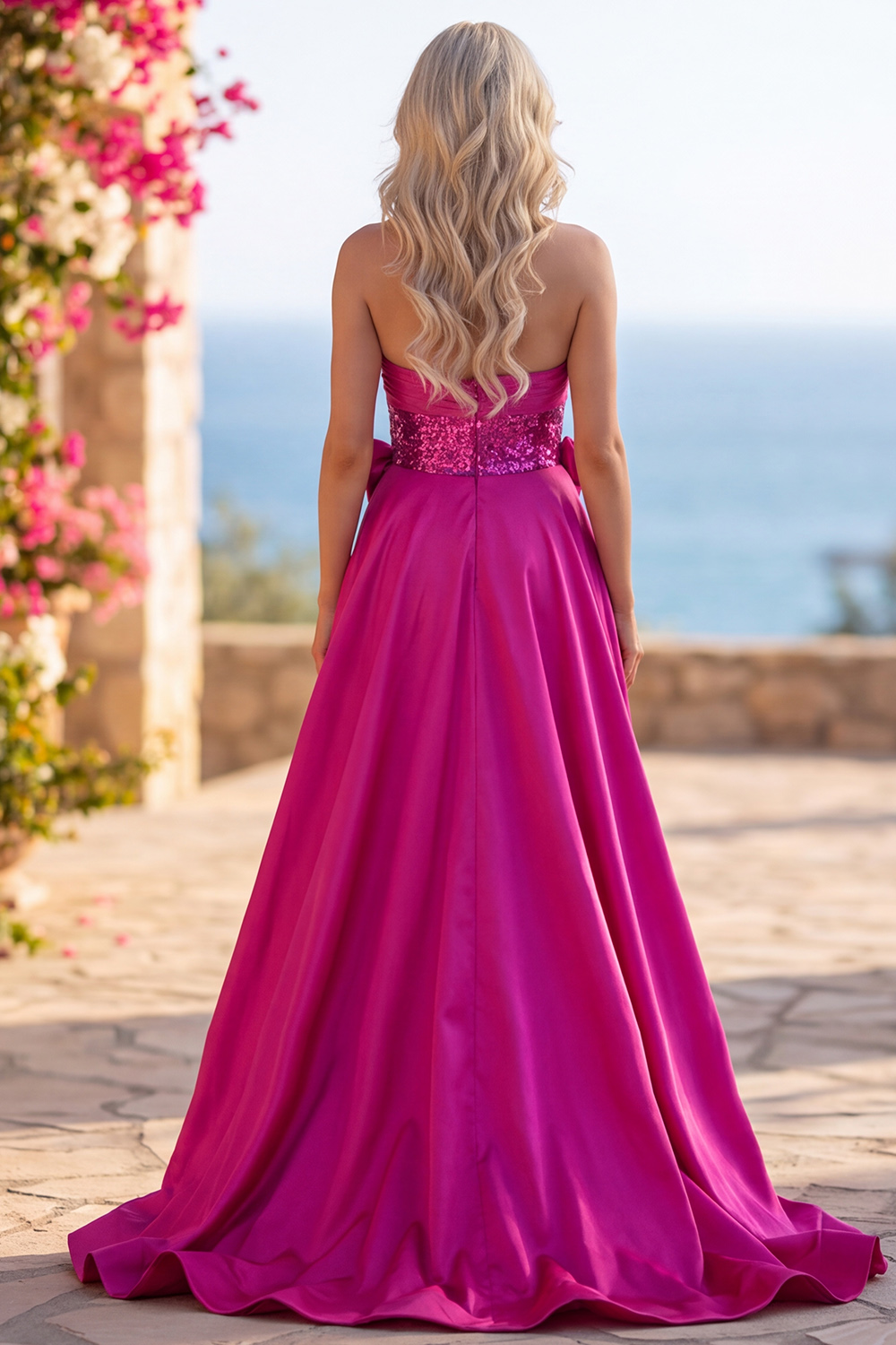 Fuchsia Sparkly Sequins Long Homecoming Jumpsuits with Cape