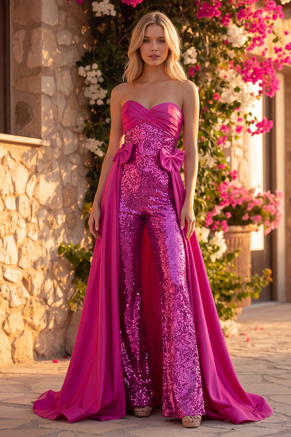 Fuchsia Sparkly Sequins Long Homecoming Jumpsuits with Cape