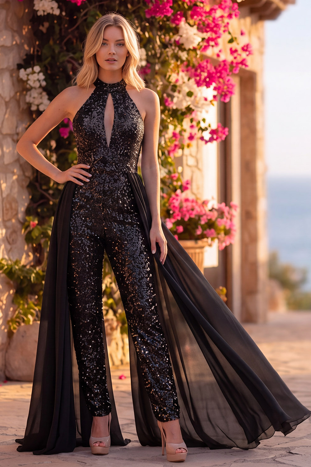 Royal Blue Sparkly Sequin Halter Keyhole Long Homecoming Jumpsuits