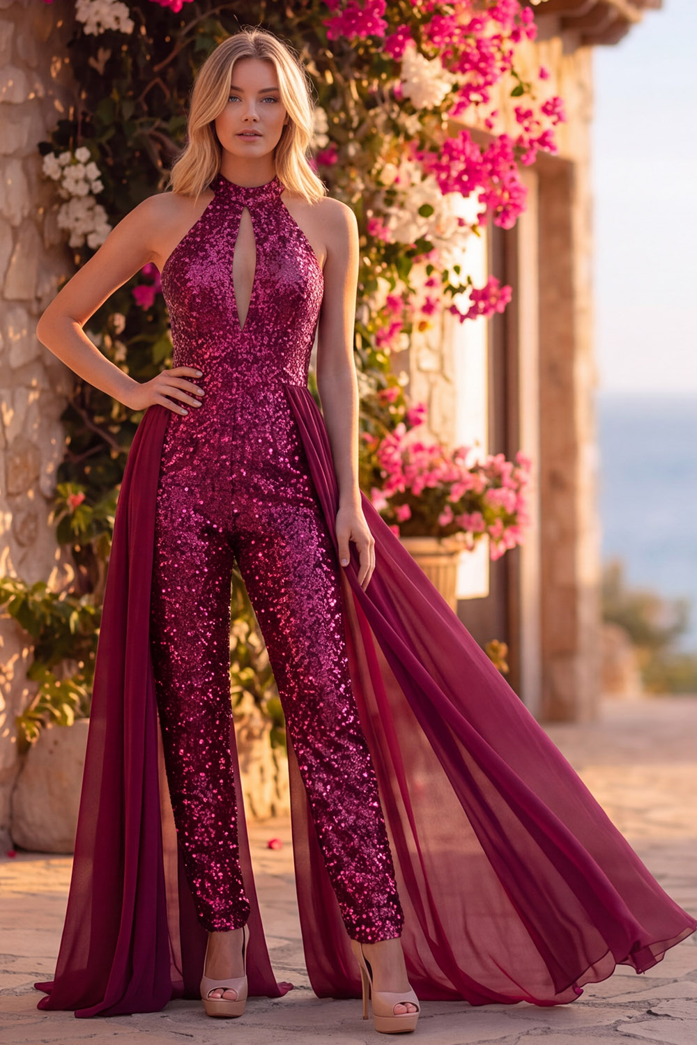 Royal Blue Sparkly Sequin Halter Keyhole Long Homecoming Jumpsuits