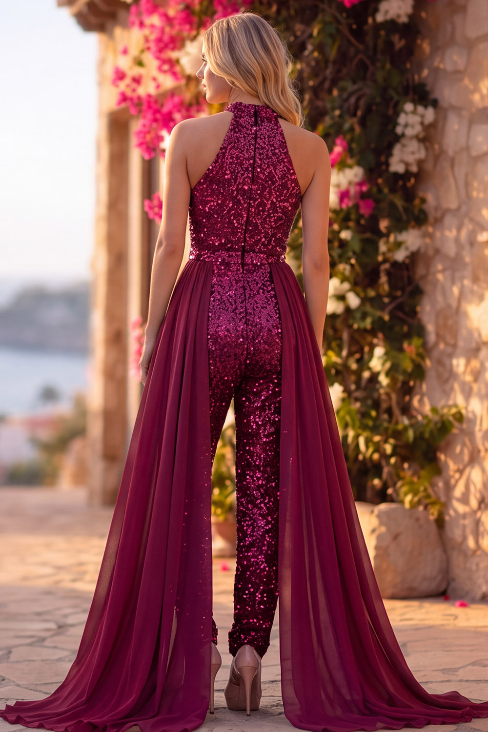 Royal Blue Sparkly Sequin Halter Keyhole Long Homecoming Jumpsuits