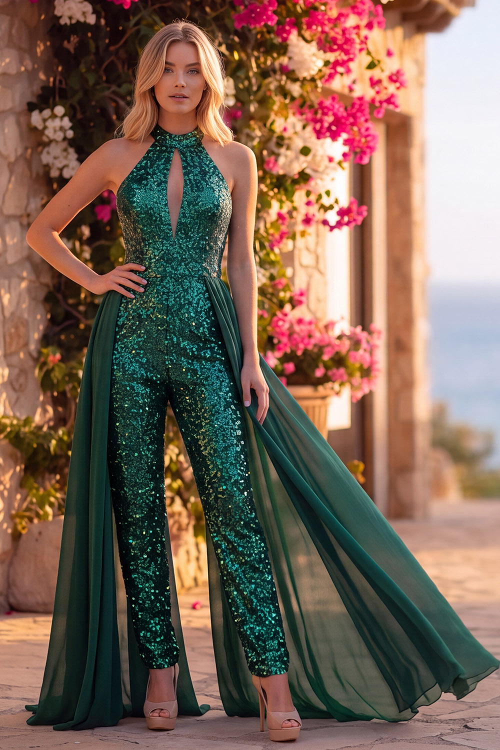 Royal Blue Sparkly Sequin Halter Keyhole Long Homecoming Jumpsuits