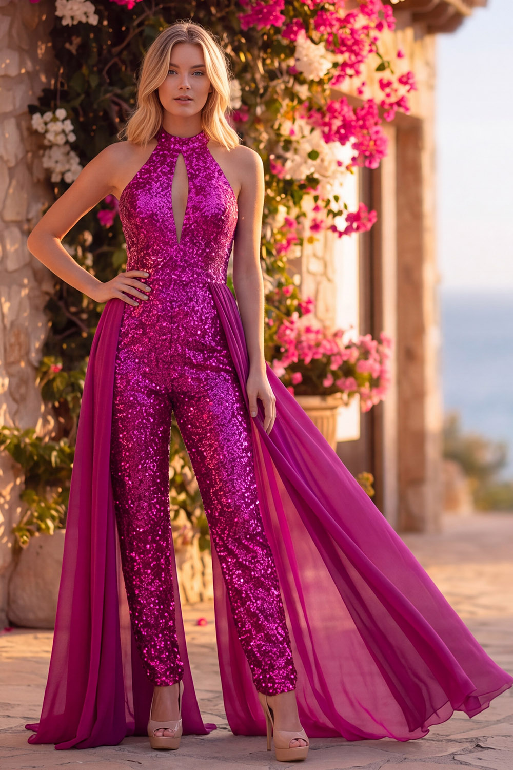 Royal Blue Sparkly Sequin Halter Keyhole Long Homecoming Jumpsuits