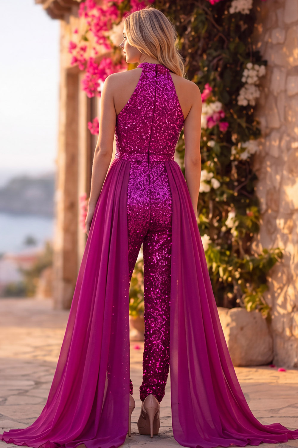 Royal Blue Sparkly Sequin Halter Keyhole Long Homecoming Jumpsuits