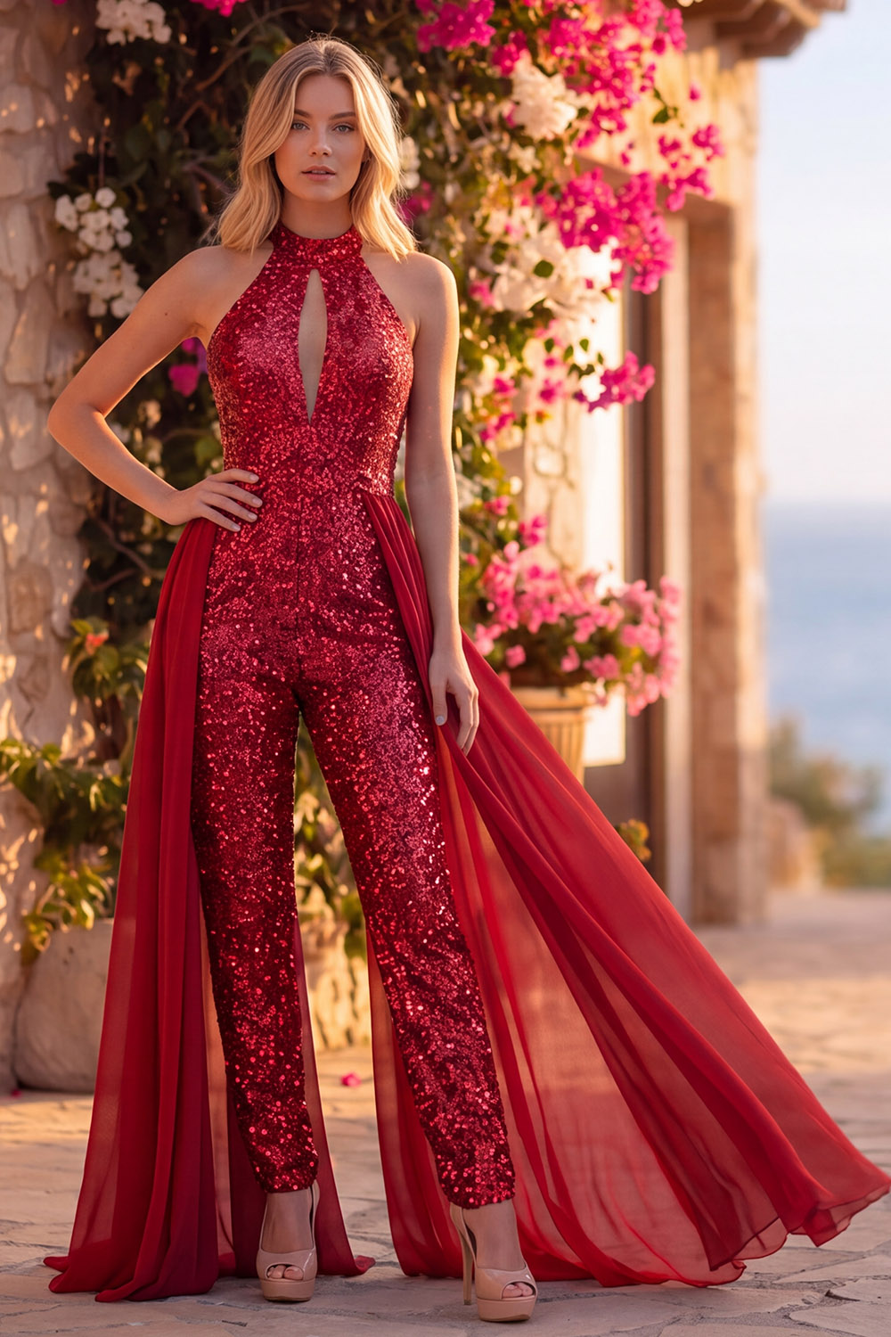 Royal Blue Sparkly Sequin Halter Keyhole Long Homecoming Jumpsuits