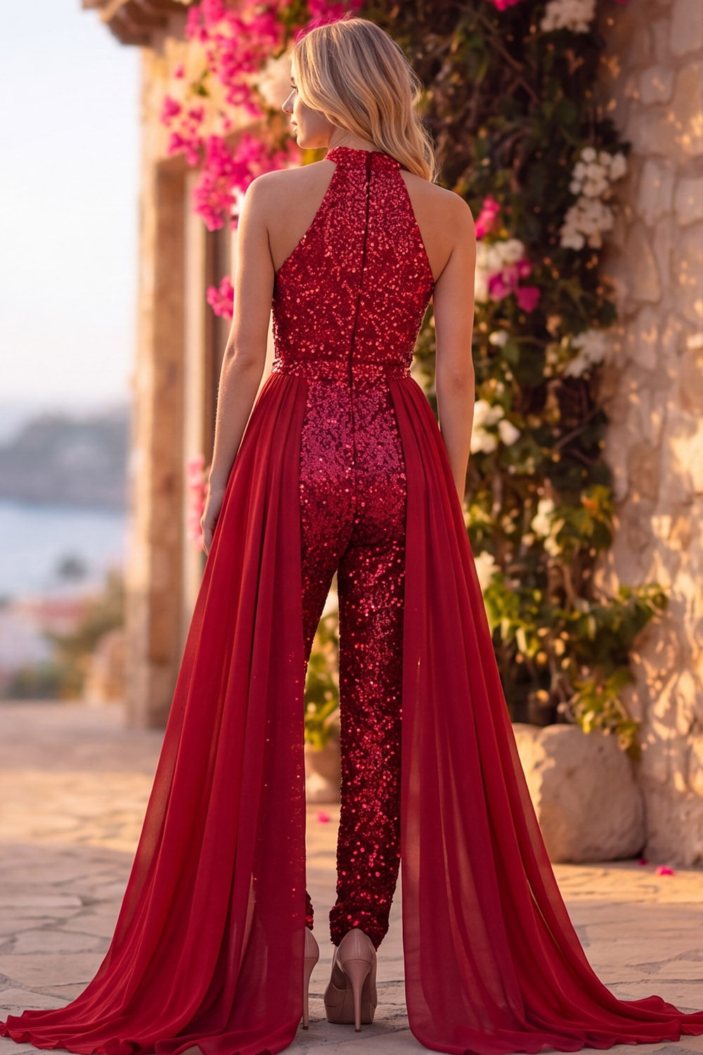 Royal Blue Sparkly Sequin Halter Keyhole Long Homecoming Jumpsuits