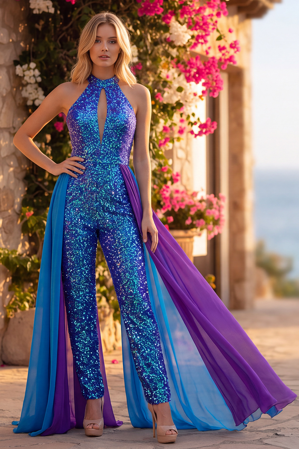 Royal Blue Sparkly Sequin Halter Keyhole Long Homecoming Jumpsuits