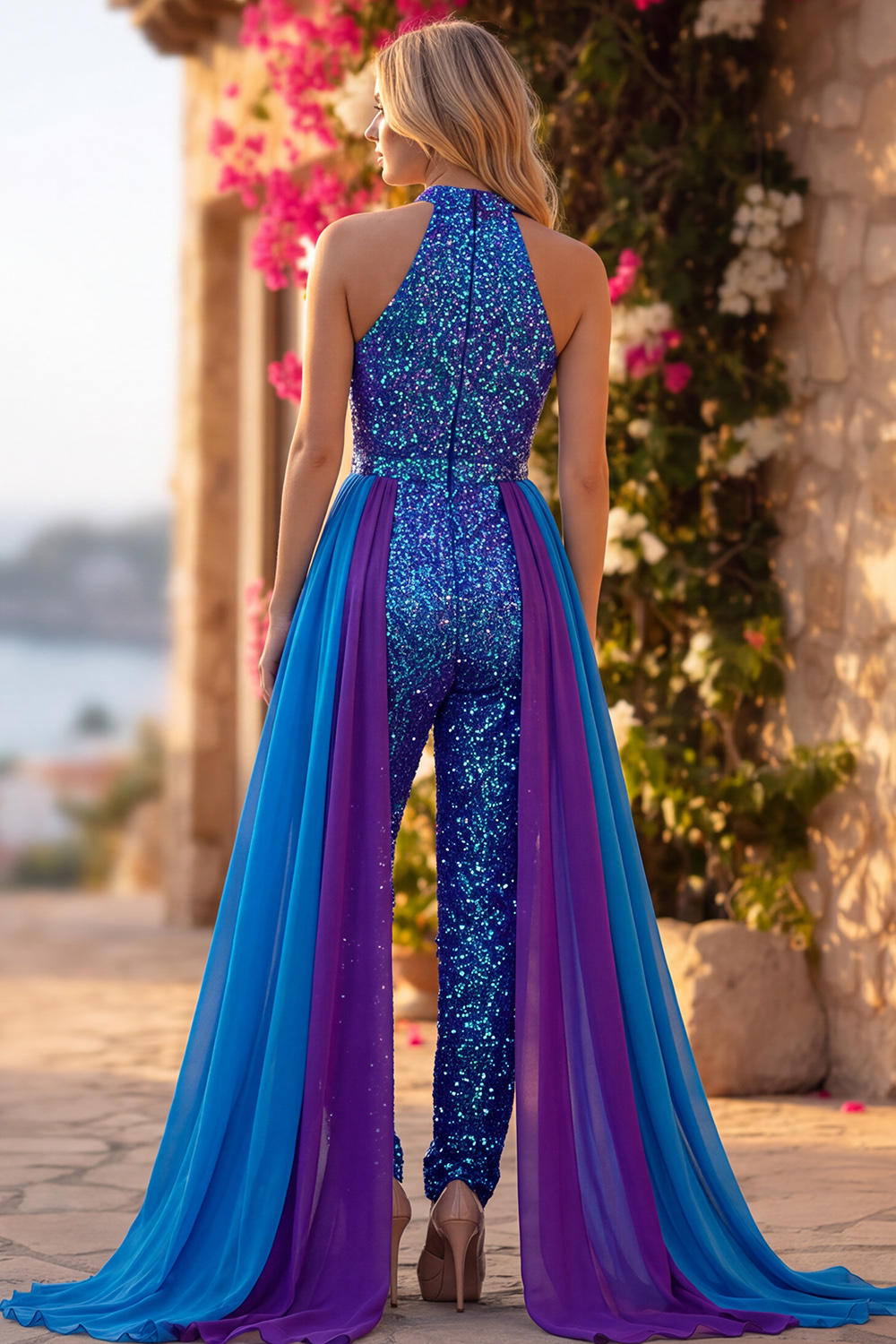 Royal Blue Sparkly Sequin Halter Keyhole Long Homecoming Jumpsuits